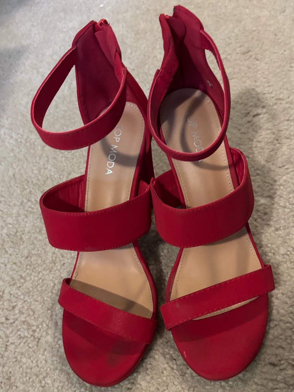 TOP Moda Red Strappy Block Heel Sandals with Ankle Strap